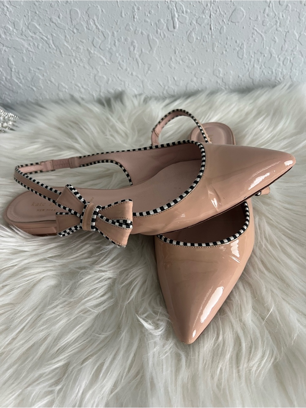 kate spade Blush Patent Leather Pointed-Toe Slingback Flats with Bow Trim